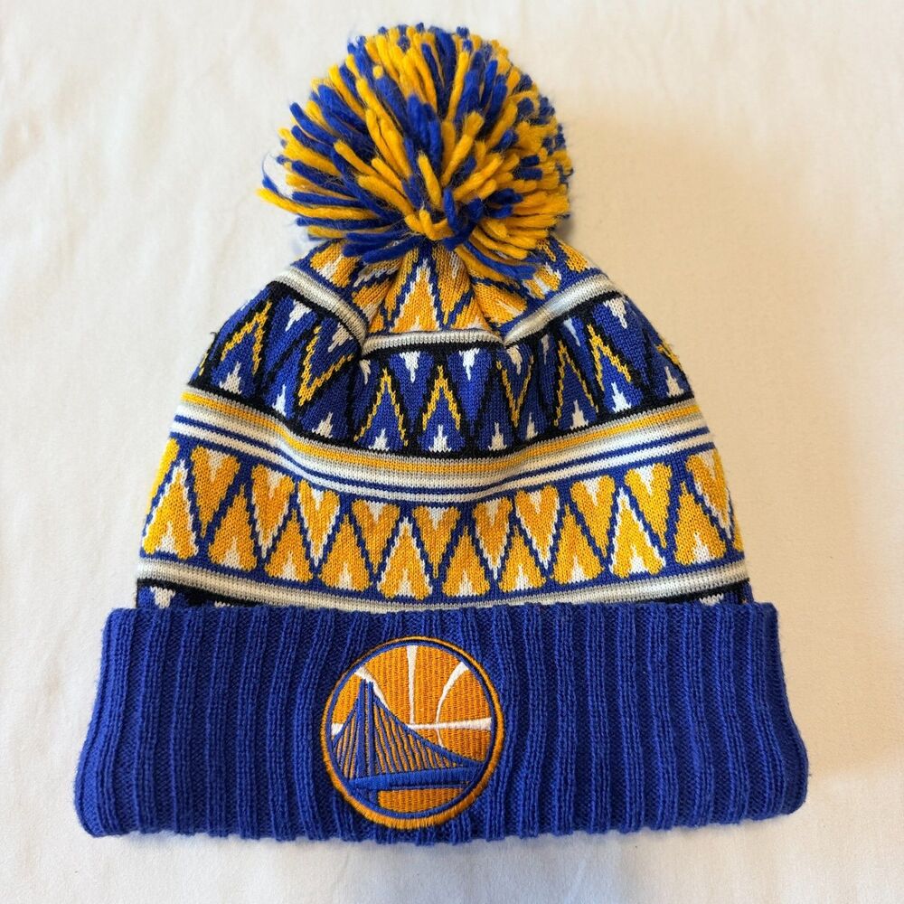Mitchell Ness Golden State Warriors NBA Knit Pom Beanie Royal Blue Yellow
